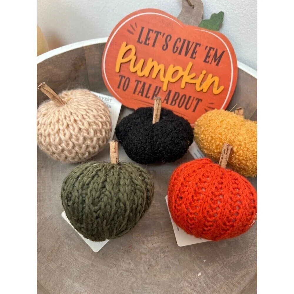 Lot of 5 New Handmade knitted mini Pumpkins & Wooden Sign, Fall Decor